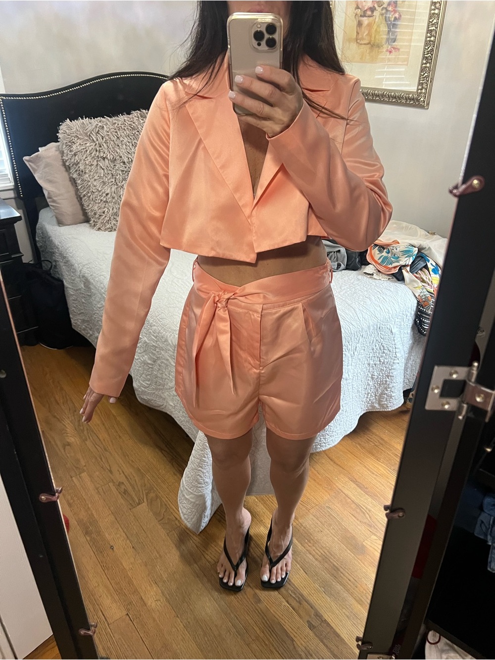 PrettyLittleThing Peach Satin Cropped Blazer & Tie-Waist Shorts Set